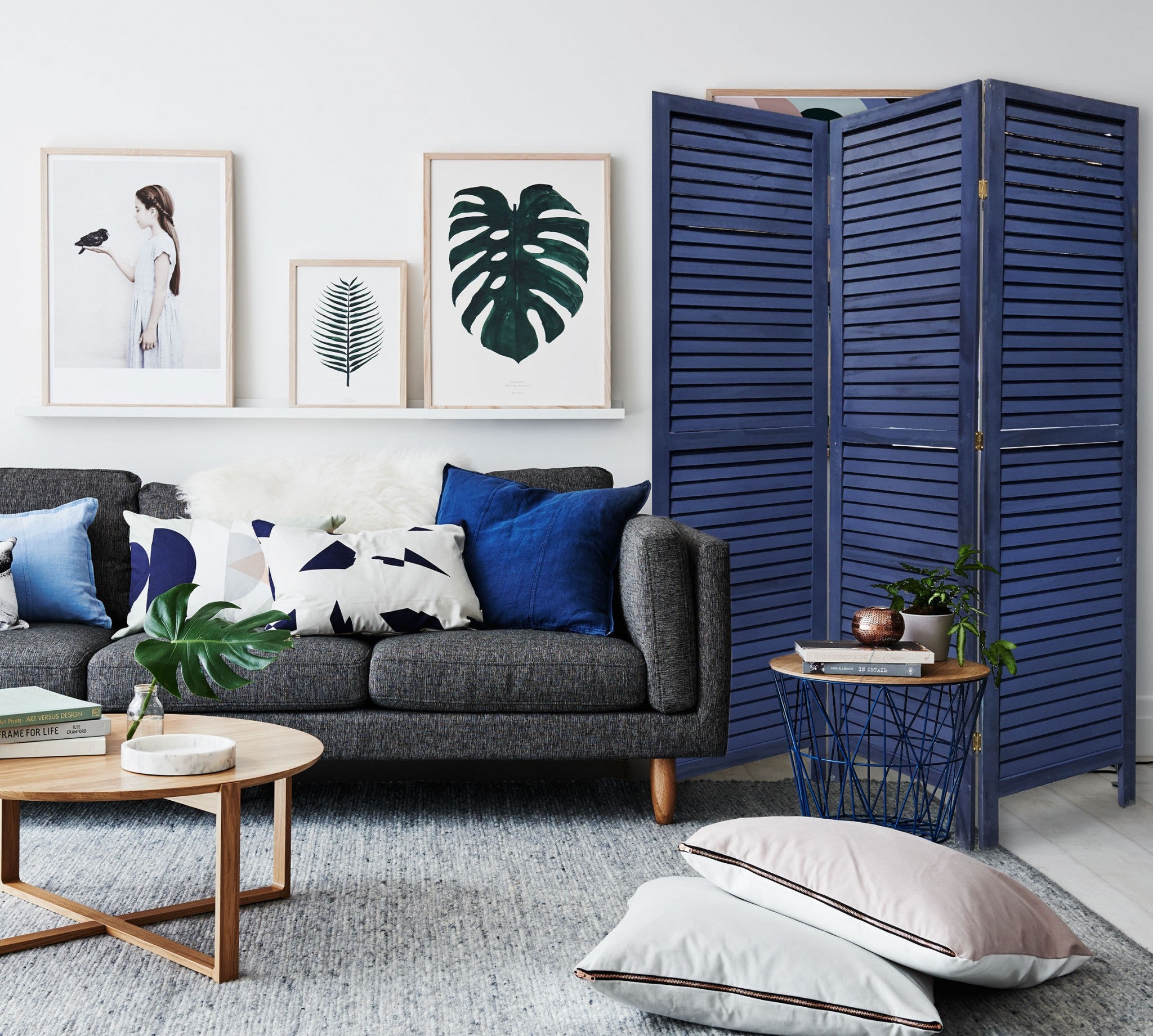 3 Panel Dark Blue Shutter Screen Room Divider