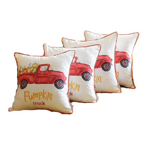 Set Of 4 18" Pumpkin Truck Throw Pillow Cover In Multicolor