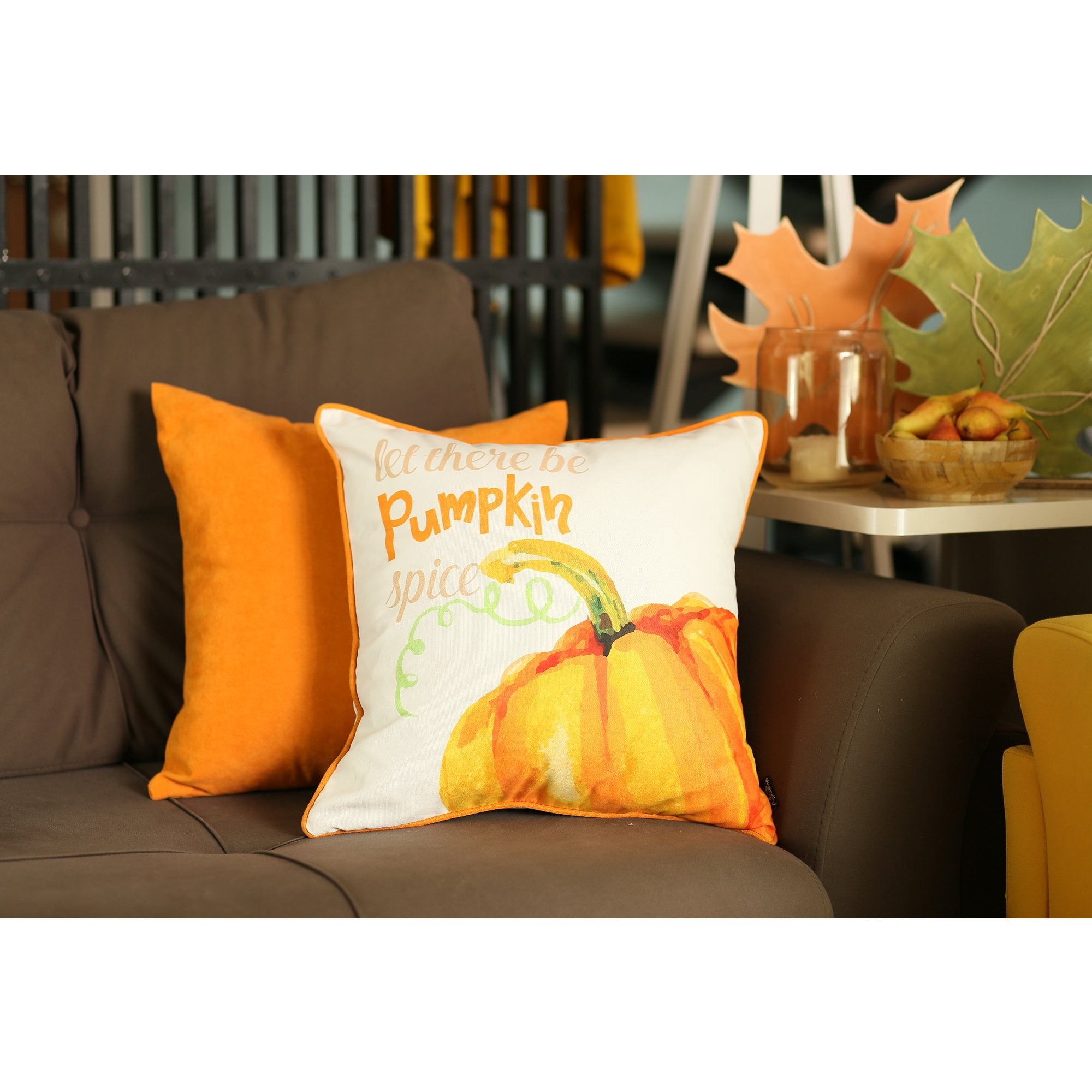 Set of Two 18" Orange and Ivory Pumpkin Spice Throw Pillow Covers