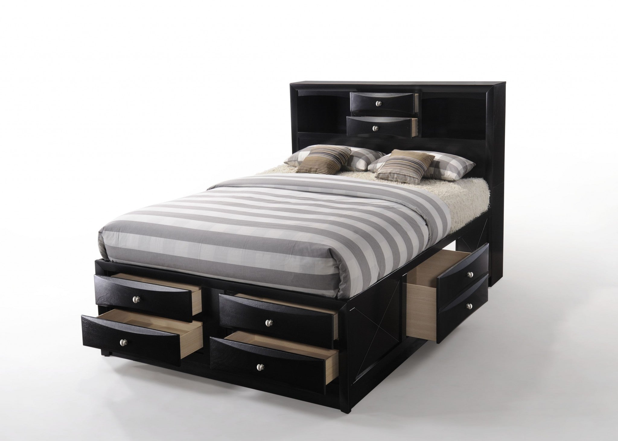 Black  Multi-Drawer Wood Platform  Full Bed With Pull Out Tray