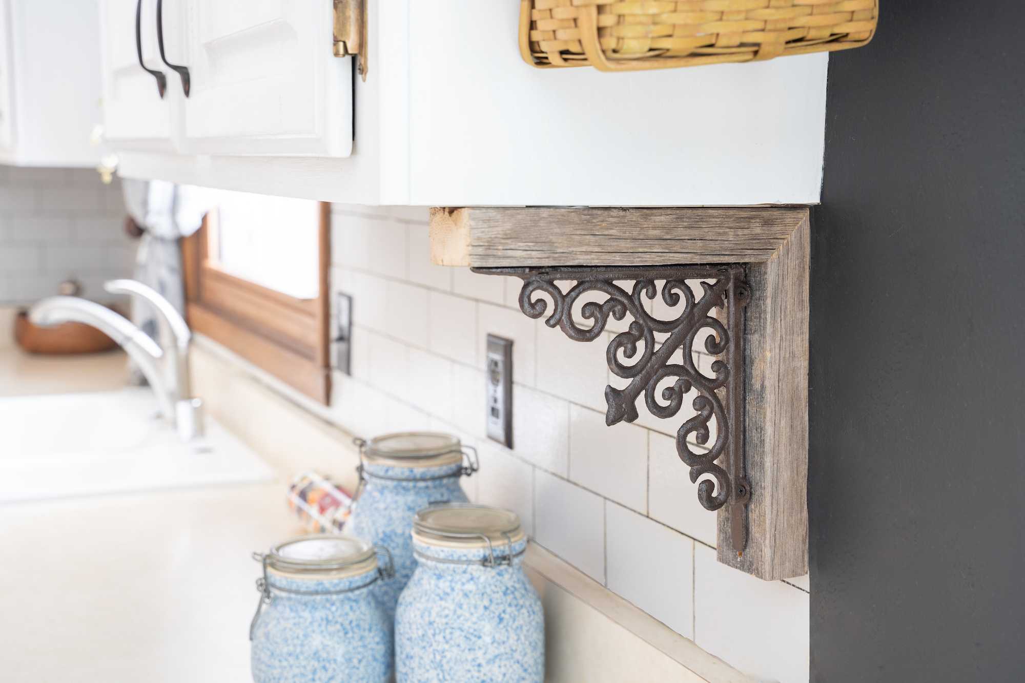 Set Of Two Natural Weathered Gray Wood And Metal Corbels.