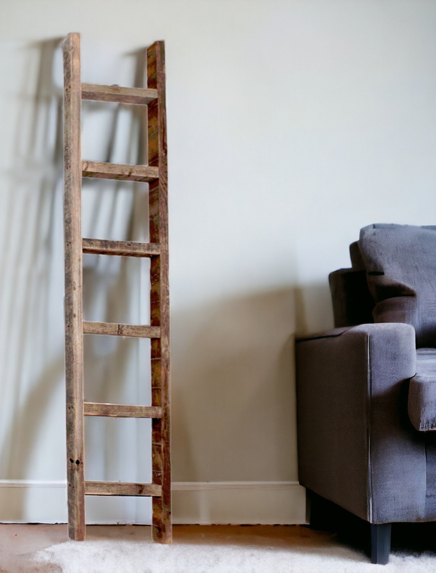 Six Step Rustic Weathered Grey Wood Ladder Shelf