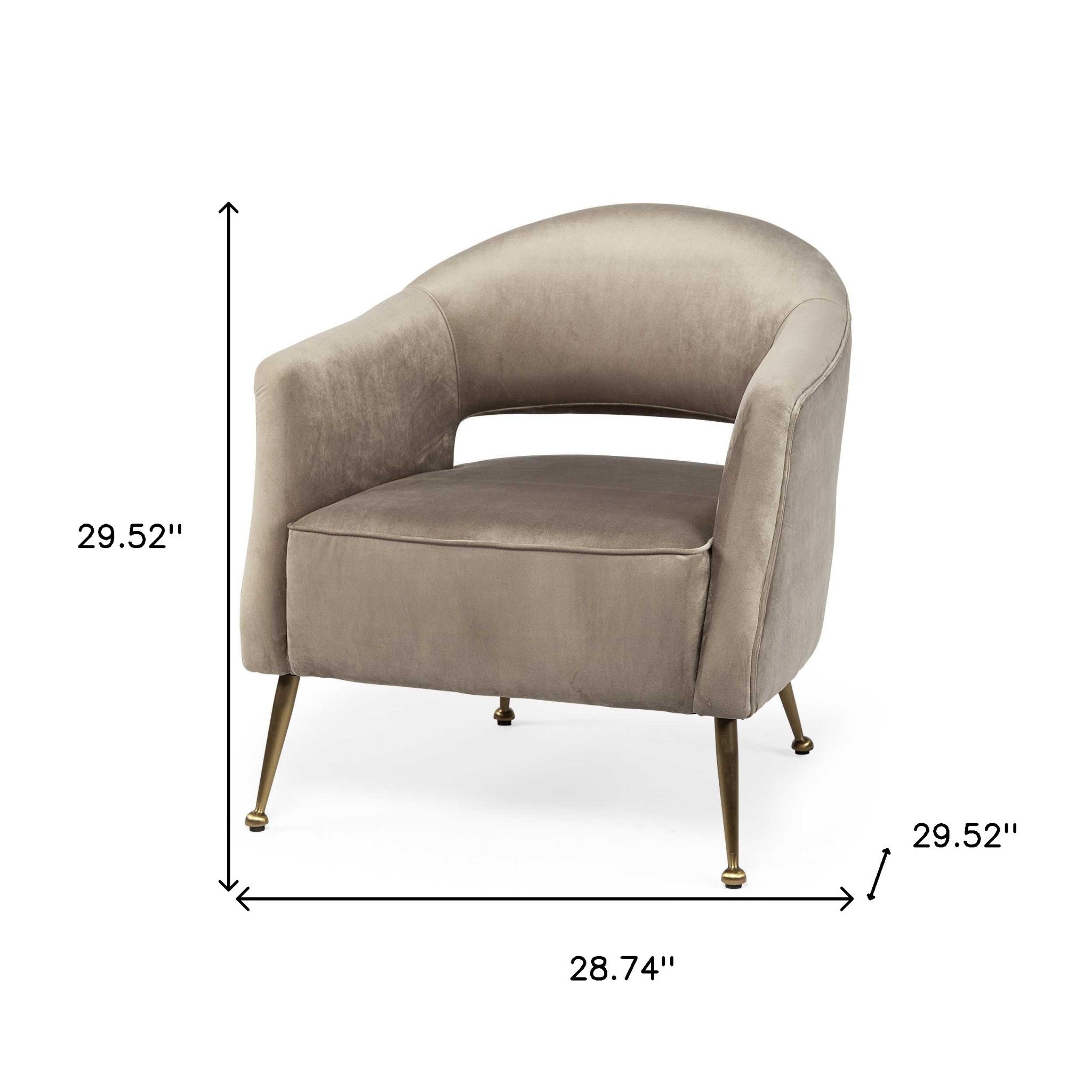 29" Taupe And Brass Velvet Arm Chair