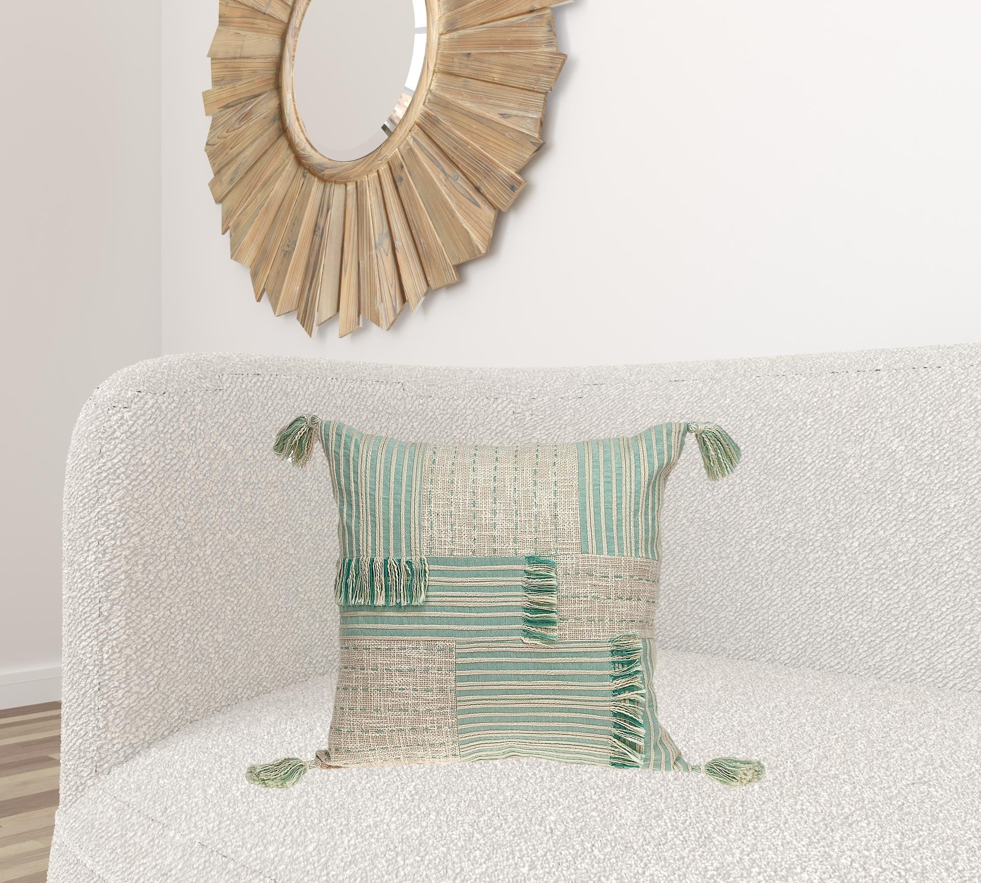 Cream And Mint Woven Throw Pillow