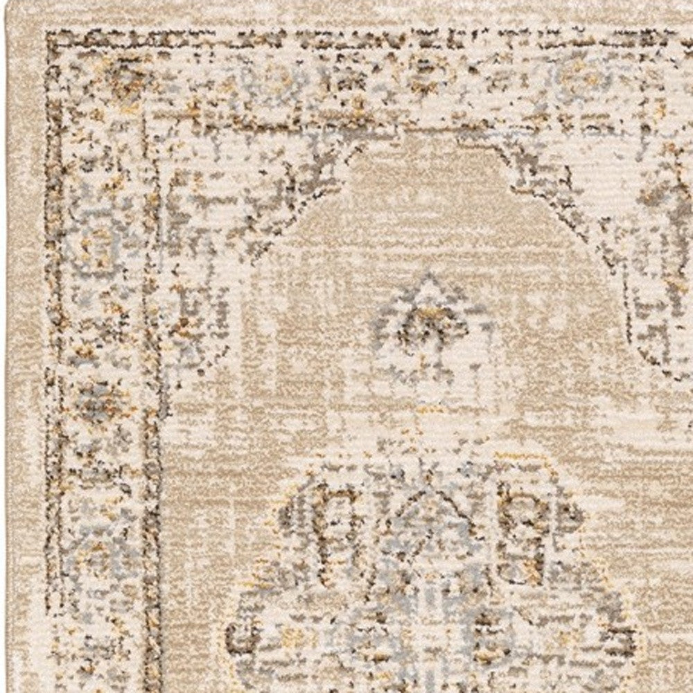 9'X12' Beige And Ivory Center Jewel Area Rug