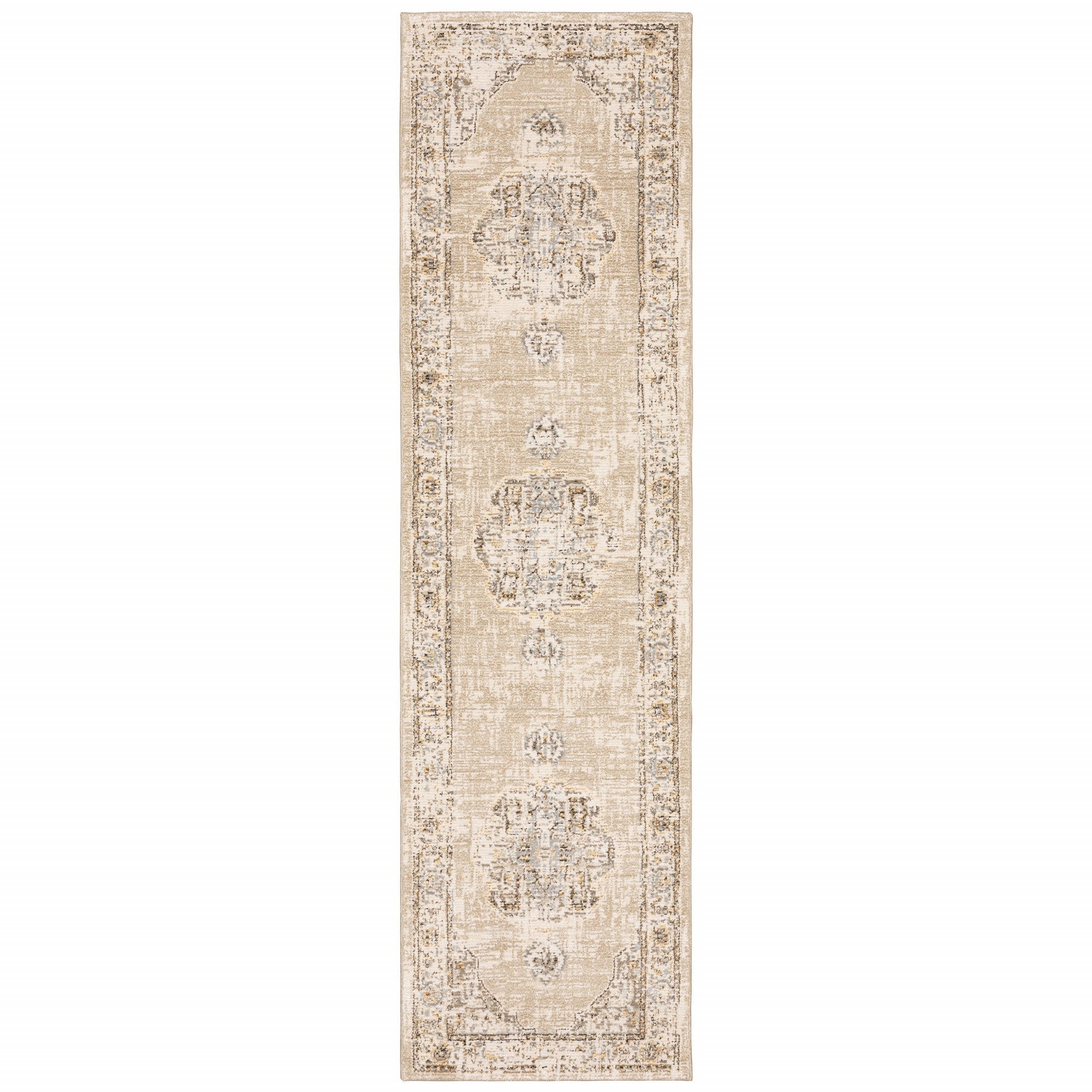 9'X12' Beige And Ivory Center Jewel Area Rug