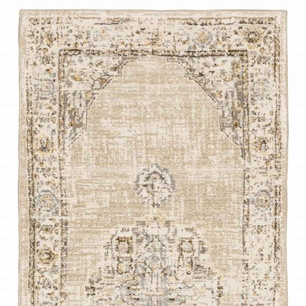 9'X12' Beige And Ivory Center Jewel Area Rug