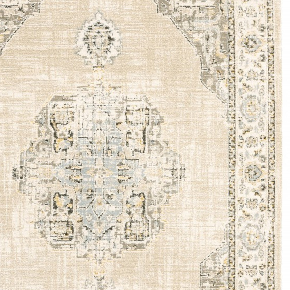 9'X12' Beige And Ivory Center Jewel Area Rug