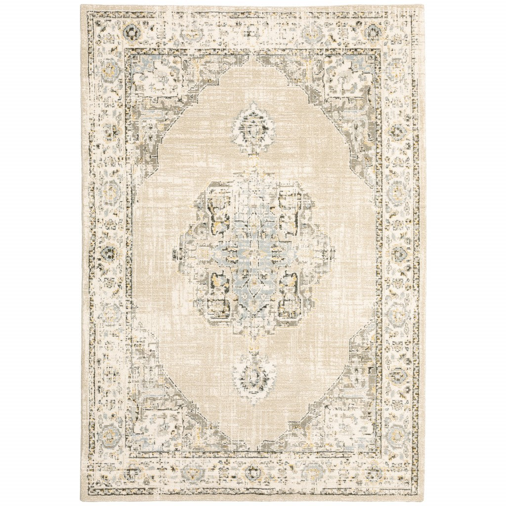 9'X12' Beige And Ivory Center Jewel Area Rug