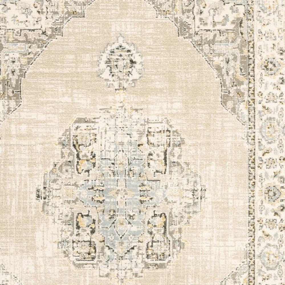 9'X12' Beige And Ivory Center Jewel Area Rug