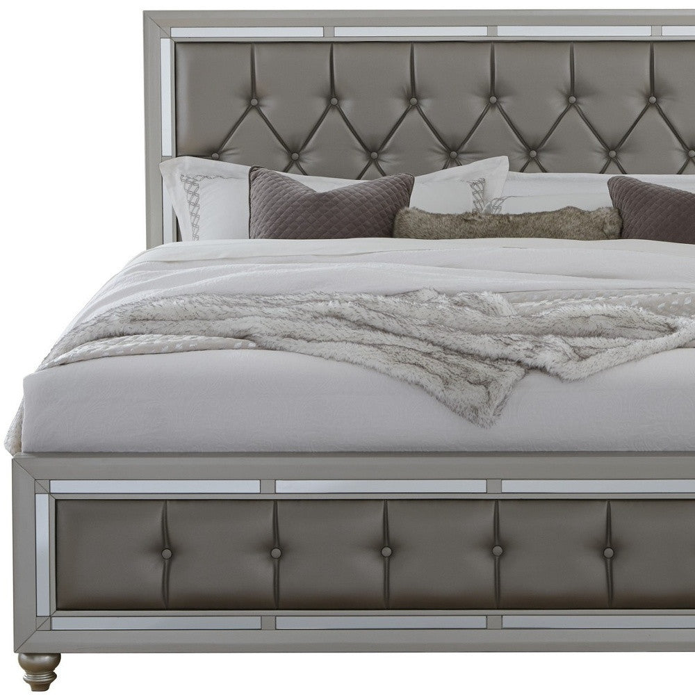 Silver Champagne Tone Queen Bed  Padded Headboard  Padded Footboard  Mirror Trim Accents