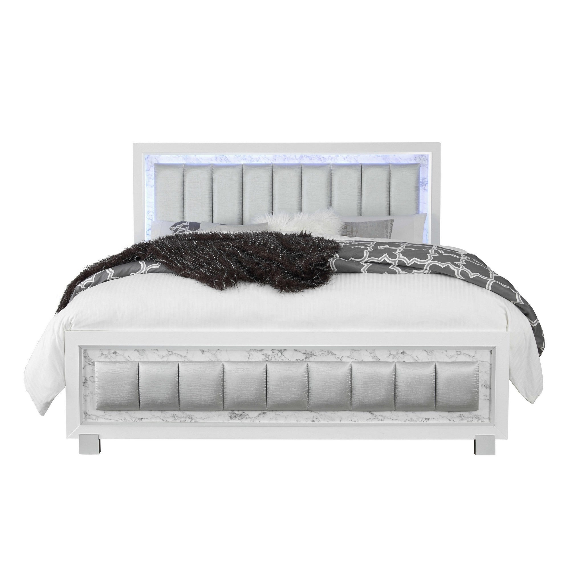 Modern Luxurious White Queen Bed With Padded Headboard  Led Lightning