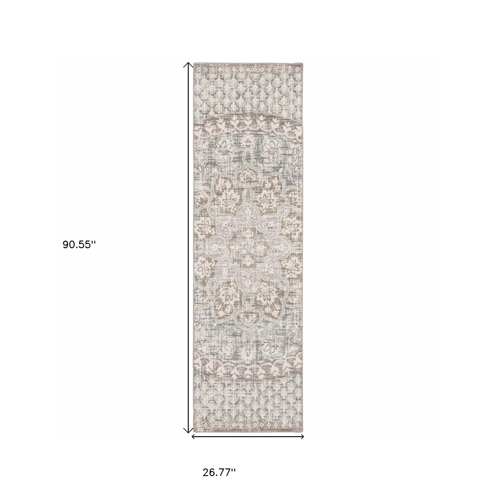 7' Ivory Grey Distressed Oversize Medallion Indoor Runner Rug