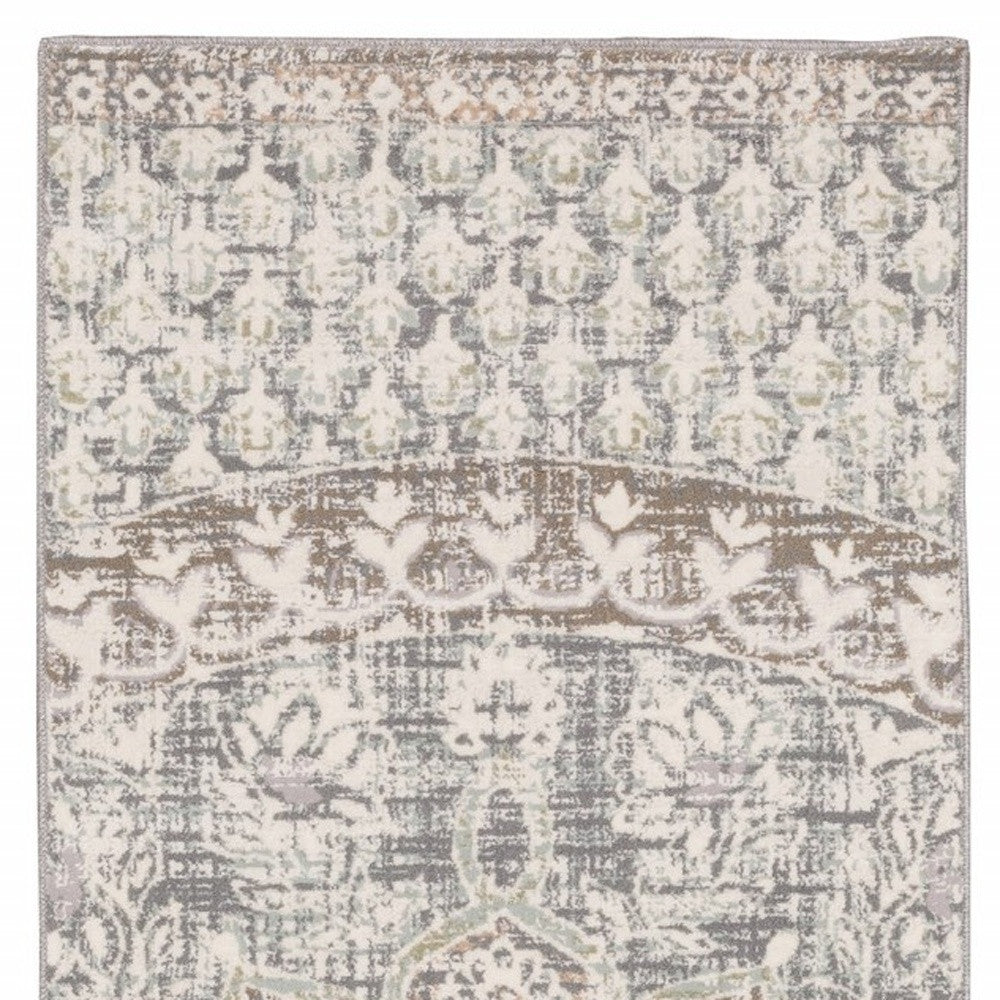 7' Ivory Grey Distressed Oversize Medallion Indoor Runner Rug