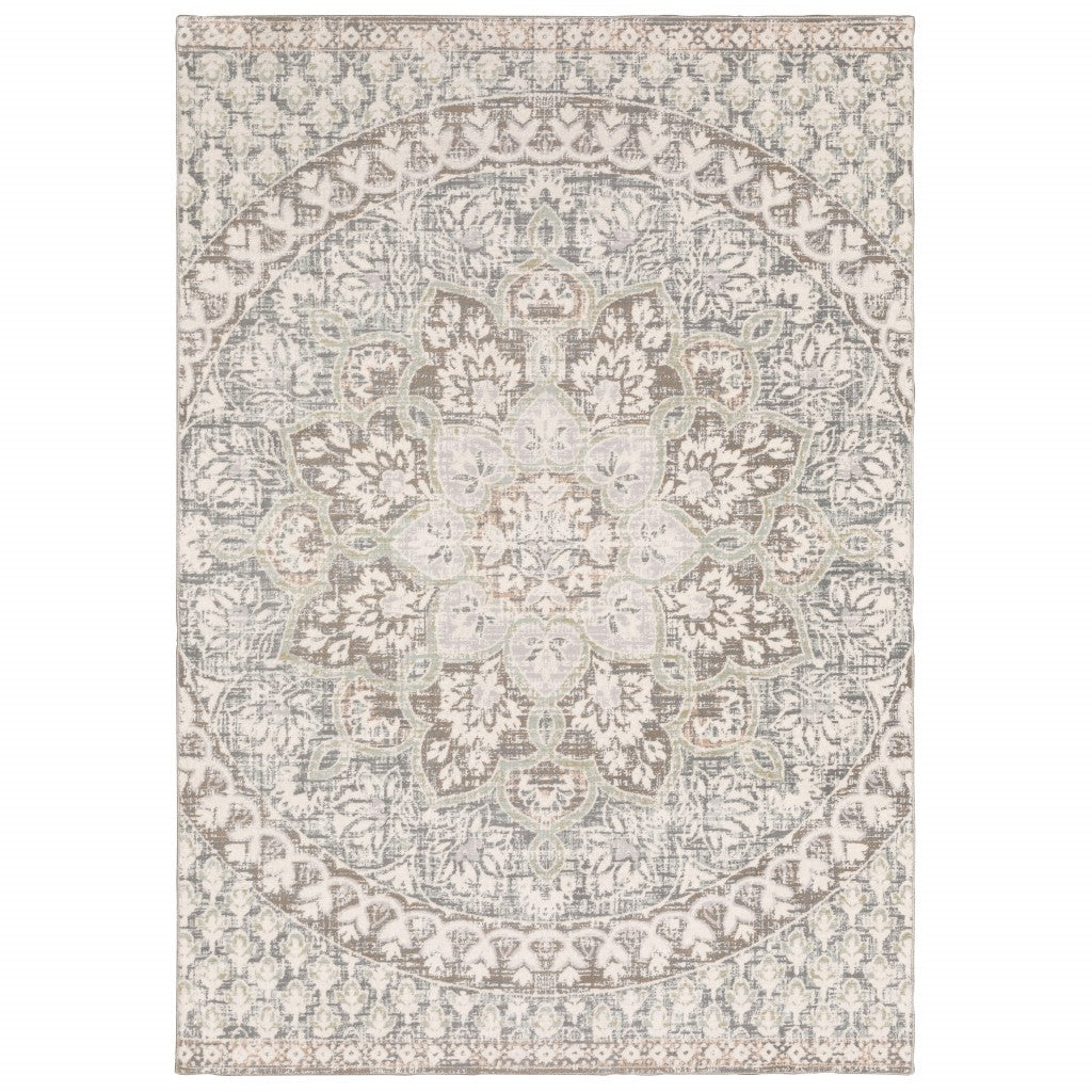 7' Ivory Grey Distressed Oversize Medallion Indoor Runner Rug