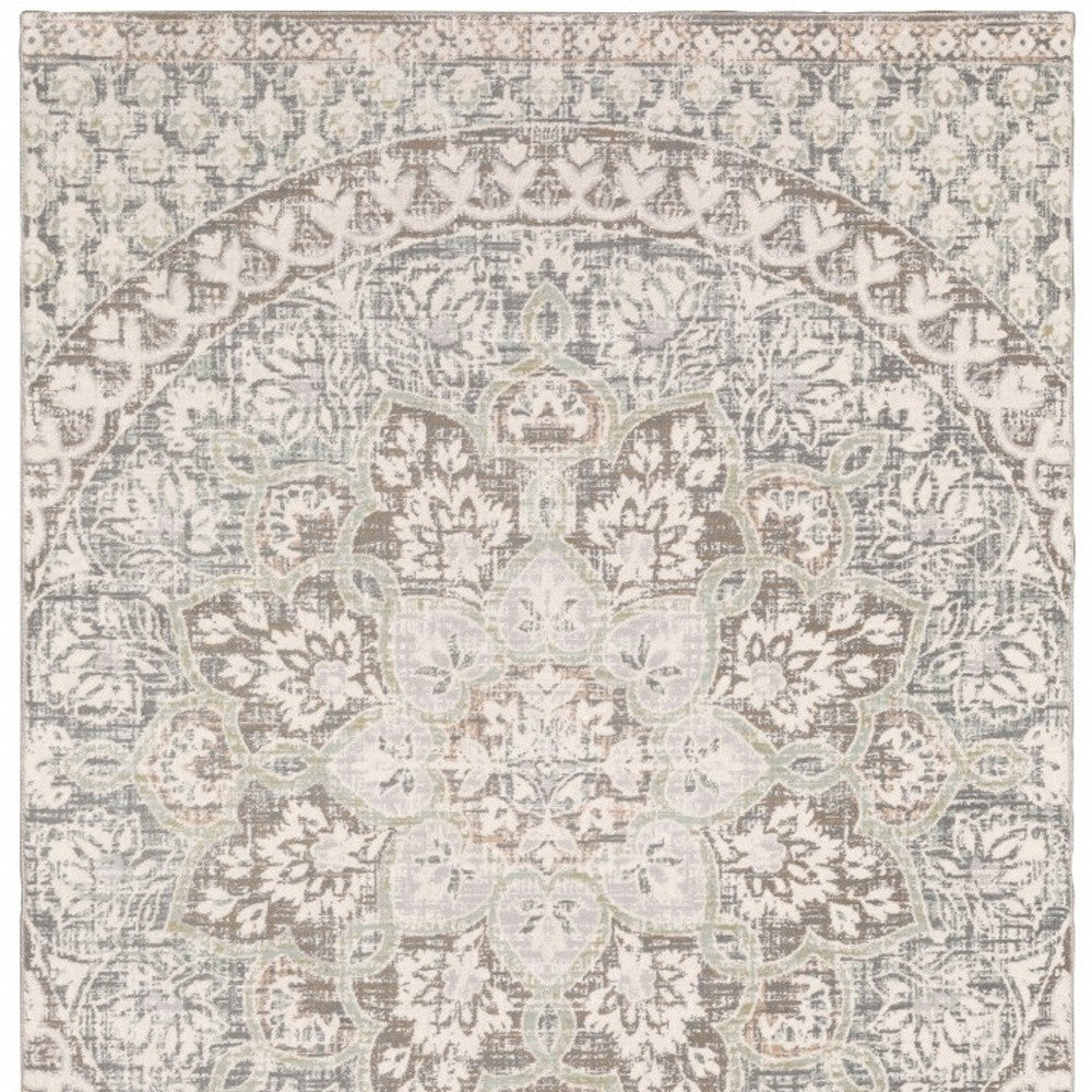 7' Ivory Grey Distressed Oversize Medallion Indoor Runner Rug