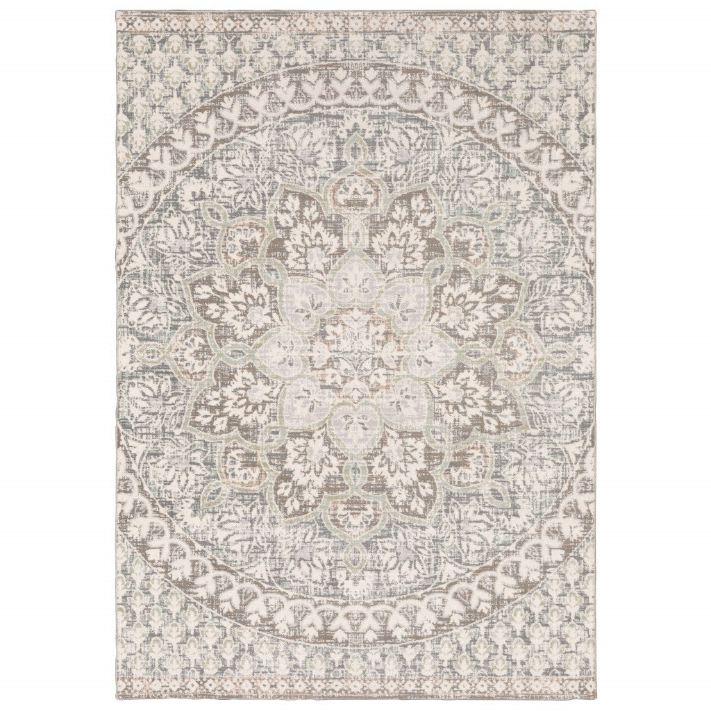 7' Ivory Grey Distressed Oversize Medallion Indoor Runner Rug