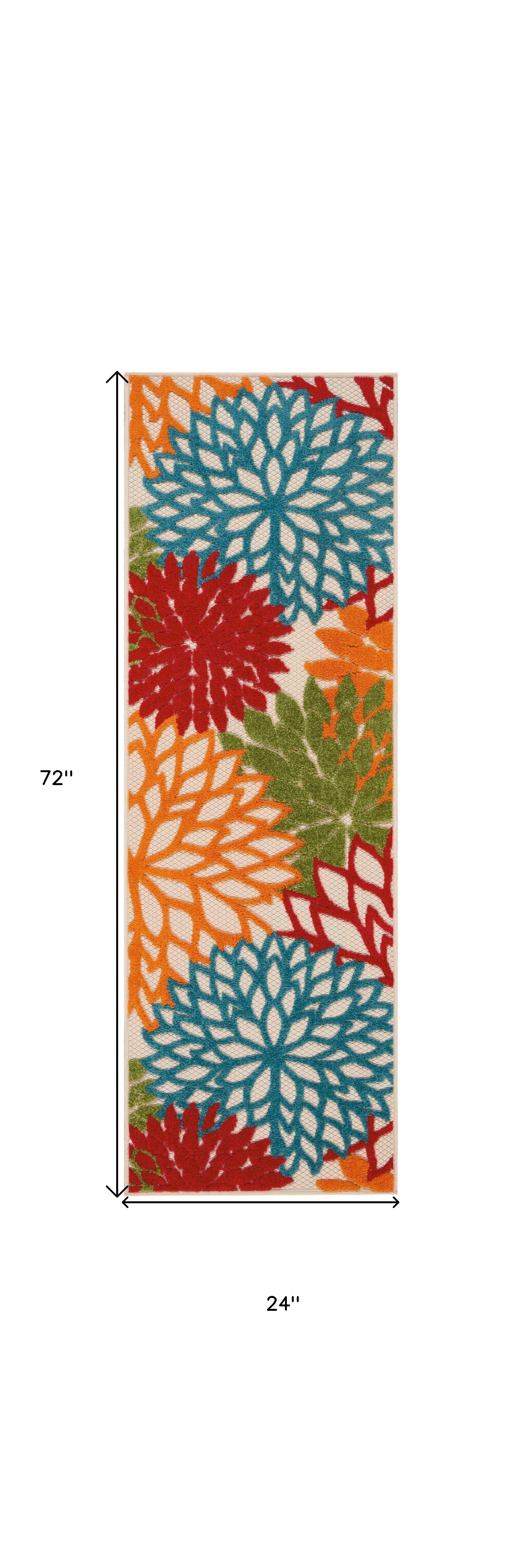 6' Runner Ivory Blue and Orange Floral Indoor Outdoor Area Rug