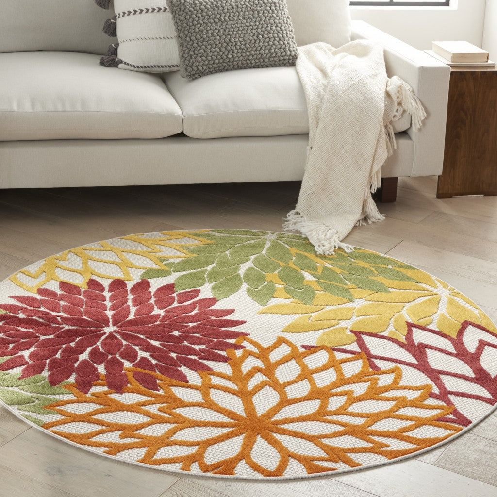 4' Round Green And Ivory Round Floral Indoor Outdoor Area Rug