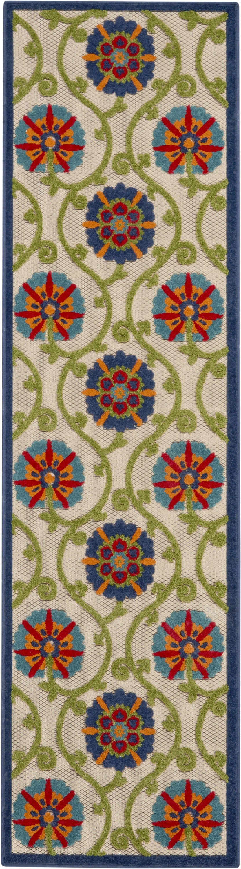 2' X 8' Ivory And Blue Floral Indoor Outdoor Area Rug