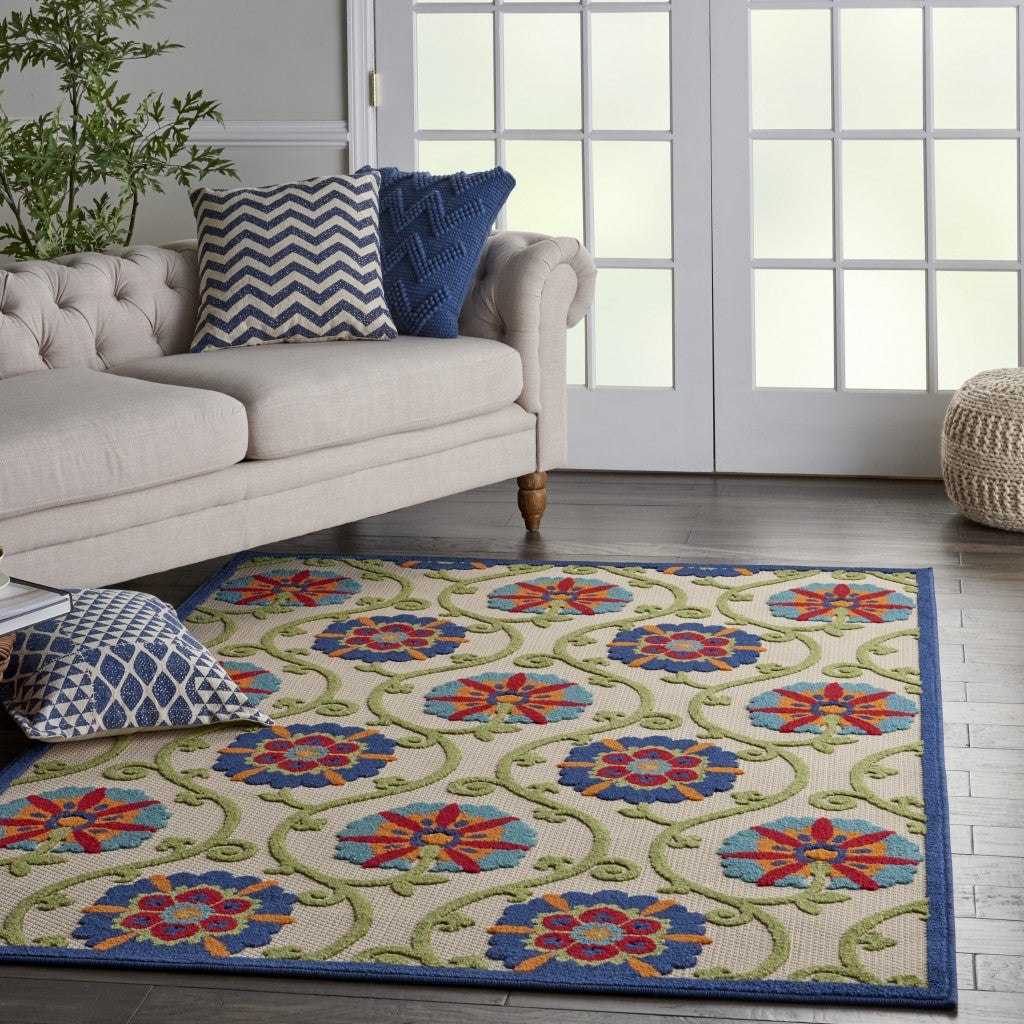 2' X 8' Ivory And Blue Floral Indoor Outdoor Area Rug