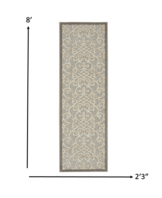 2' X 8' Gray And Ivory Floral Indoor Outdoor Area Rug