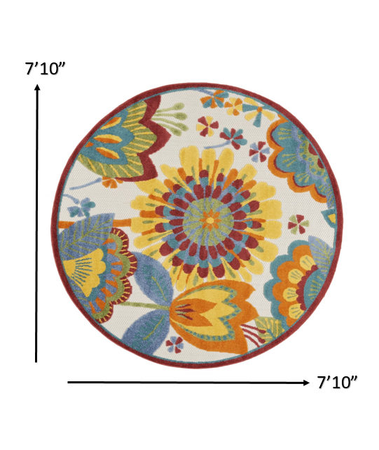 5' Round Yellow And Ivory Round Floral Indoor Outdoor Area Rug