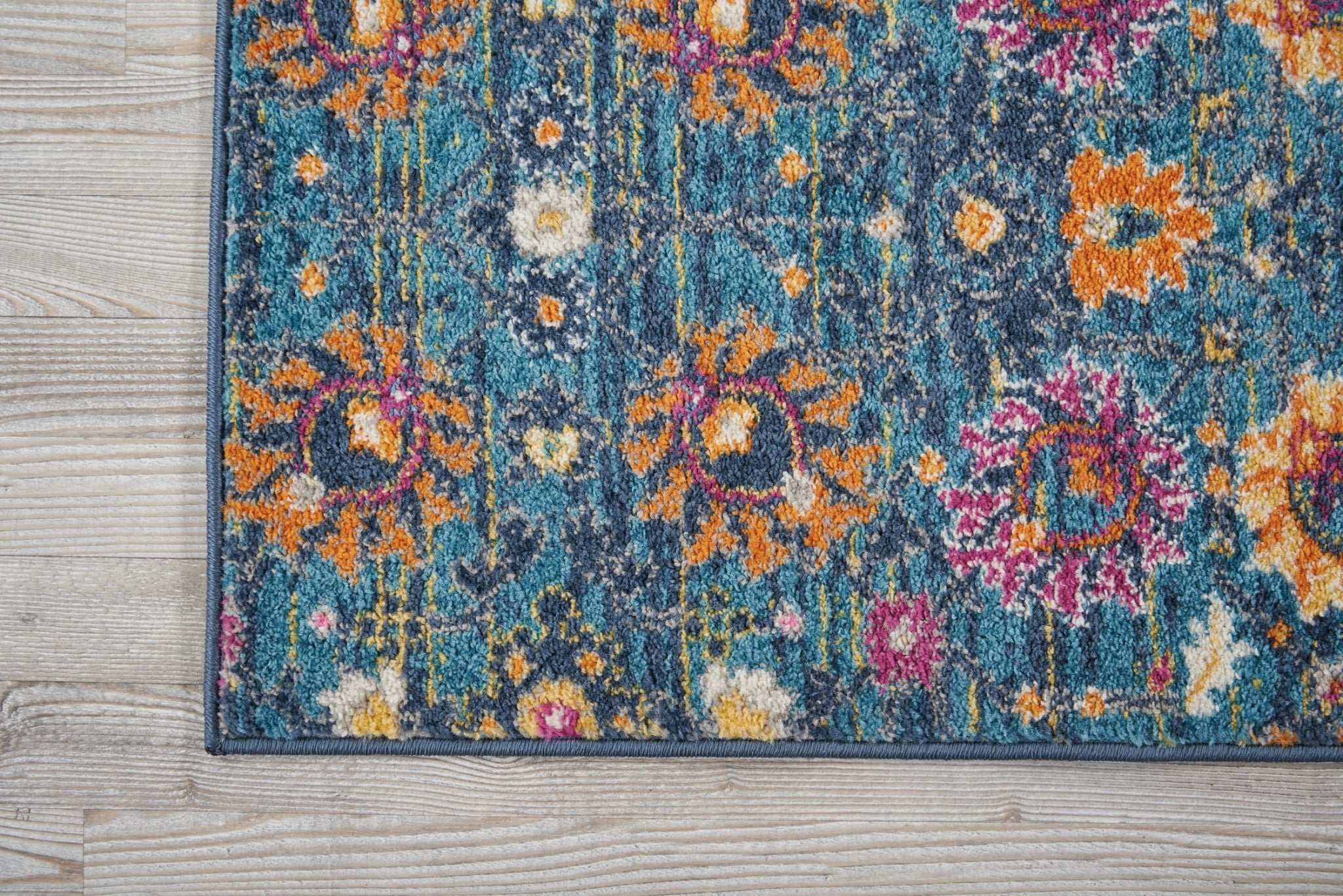 6' Blue And Orange Floral Power Loom Runner Rug