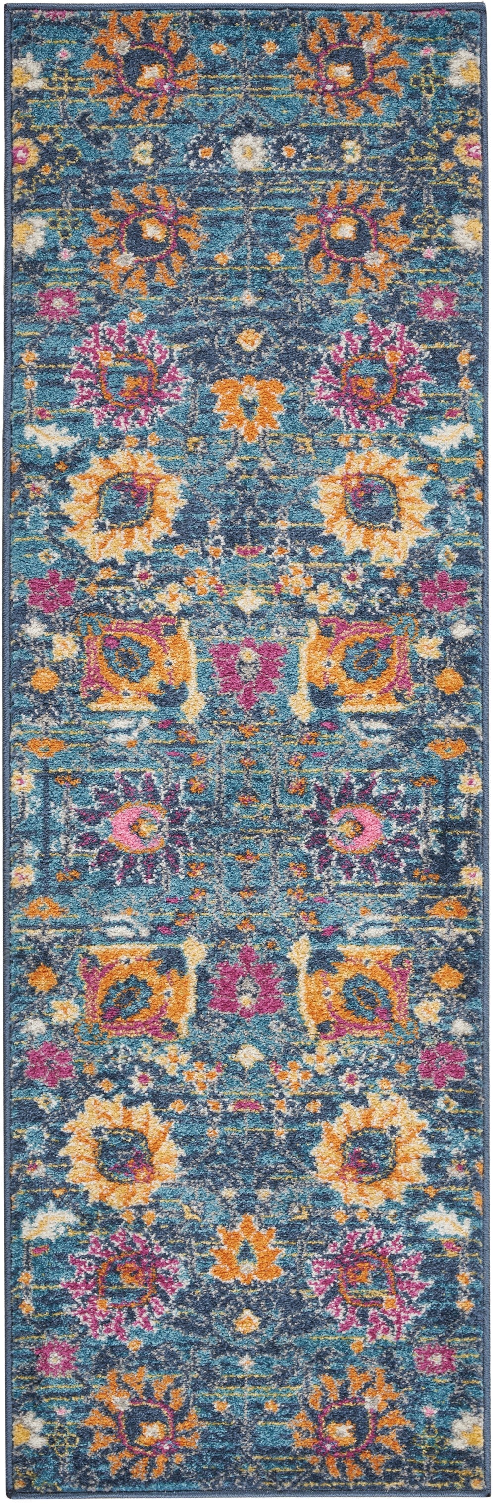 4' Blue And Orange Round Floral Power Loom Area Rug