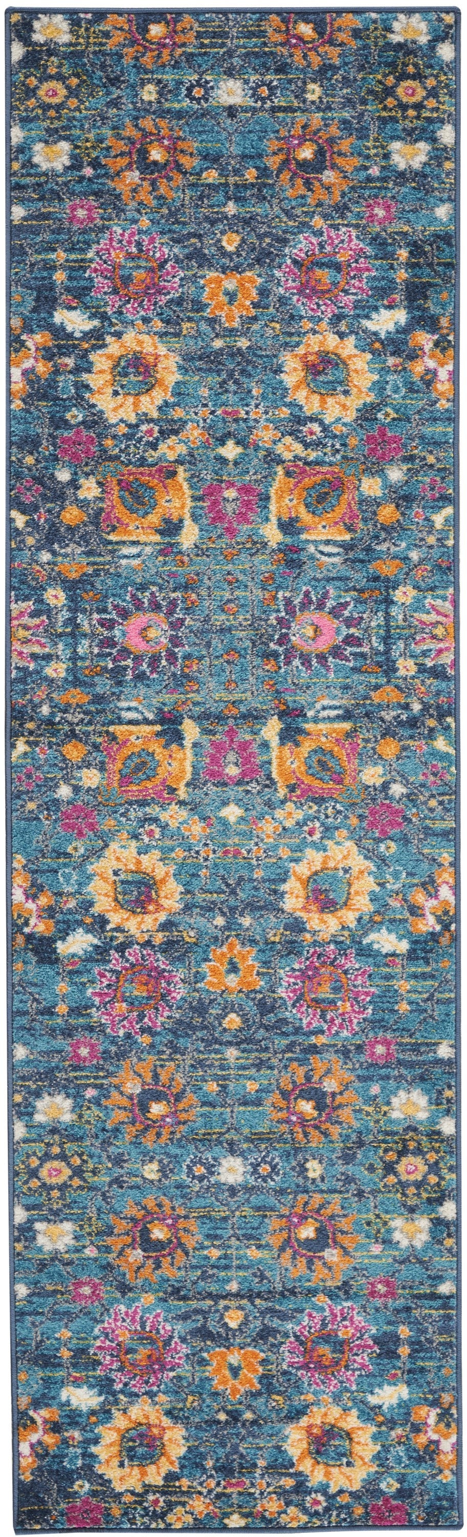 4' Blue And Orange Round Floral Power Loom Area Rug