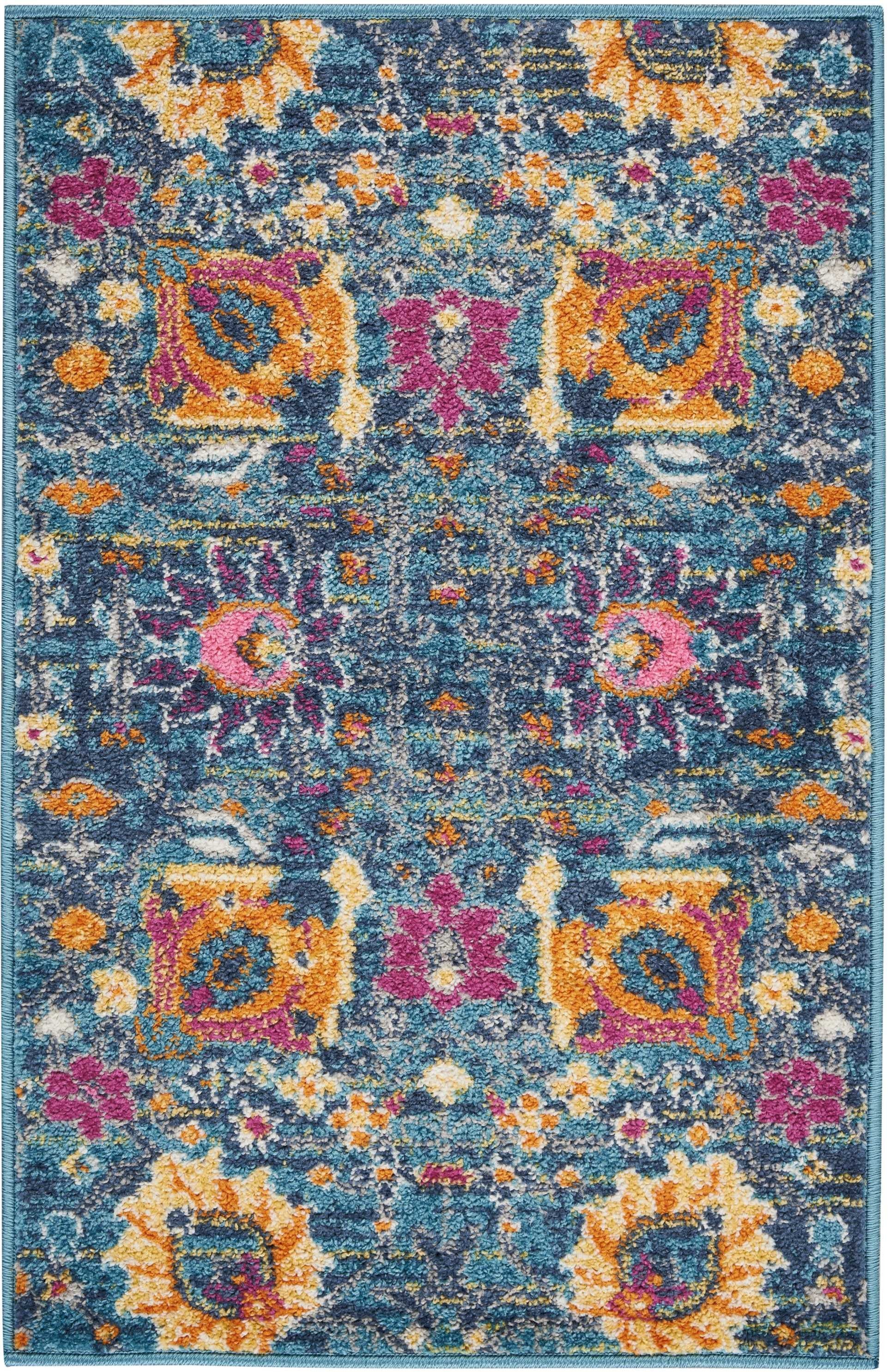 6' Blue And Orange Floral Power Loom Runner Rug