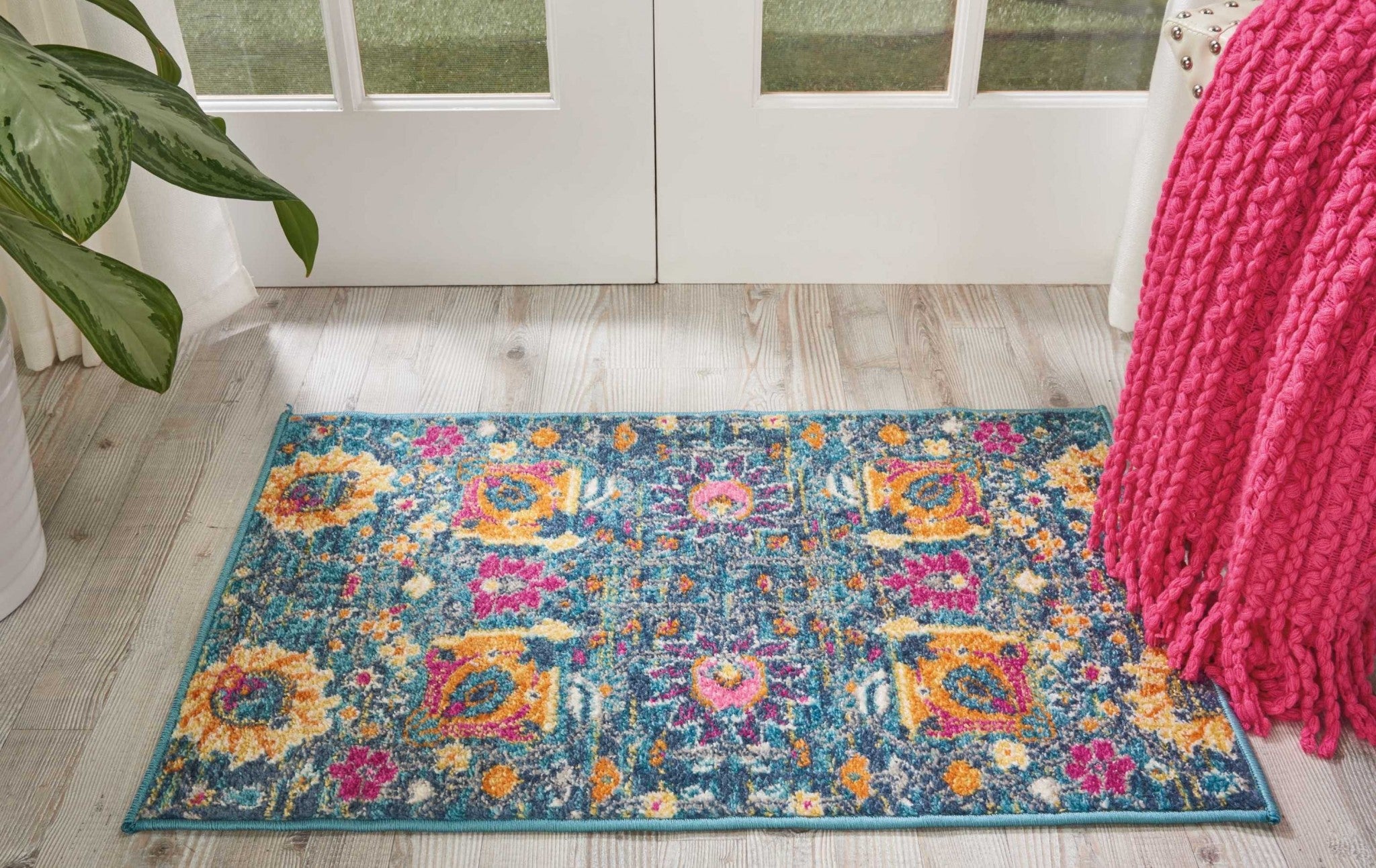 6' Blue And Orange Floral Power Loom Runner Rug