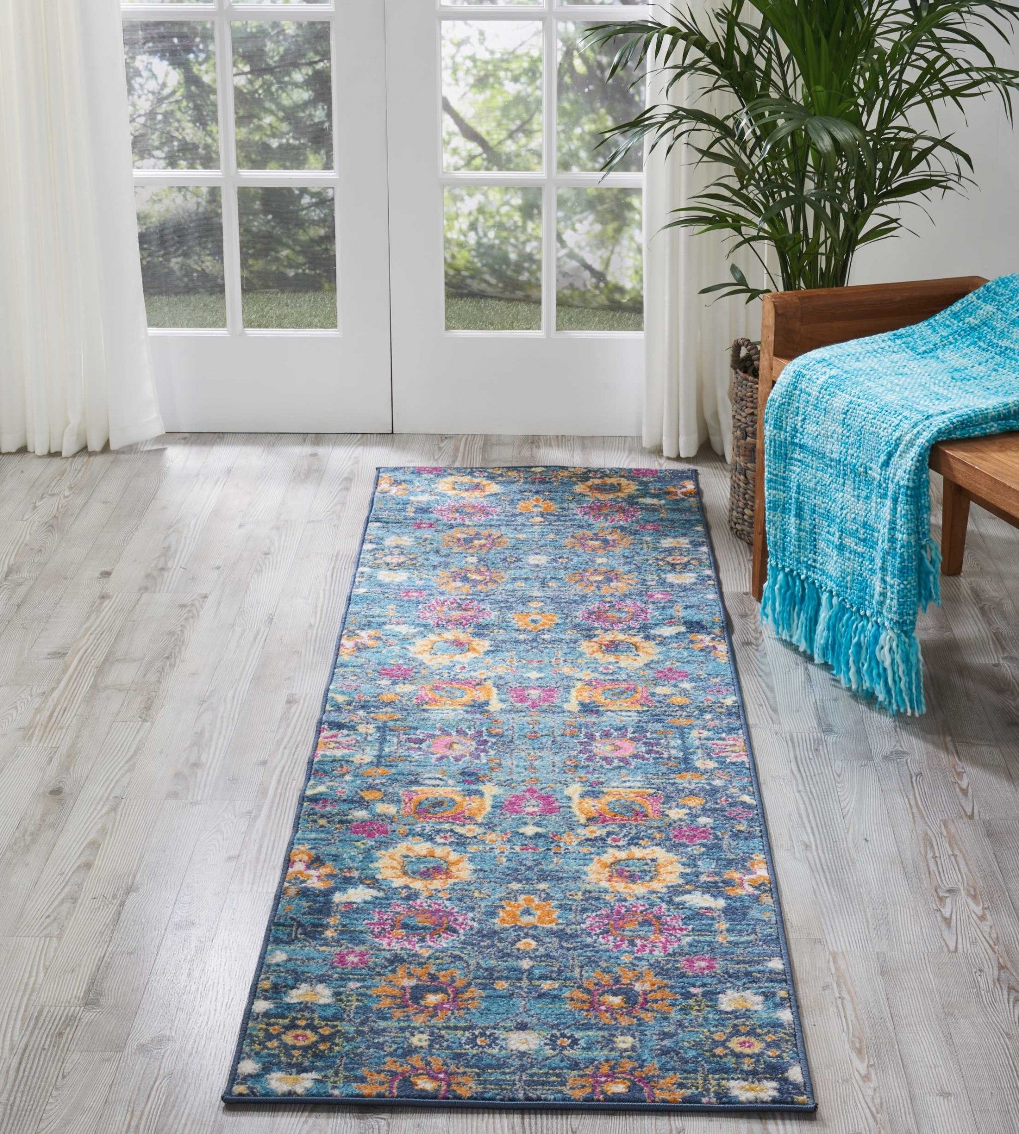 6' Blue And Orange Floral Power Loom Runner Rug