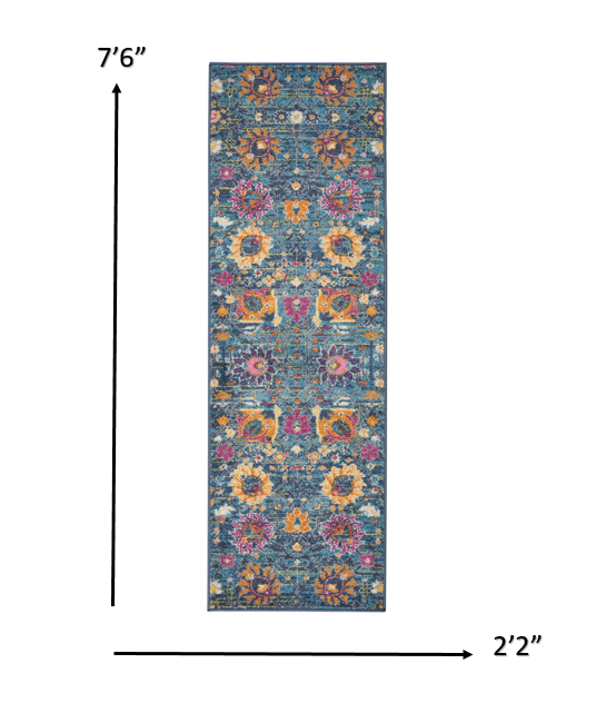 4' Blue And Orange Round Floral Power Loom Area Rug