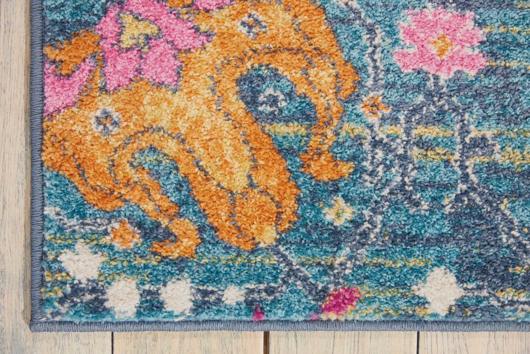 6' Blue And Orange Floral Power Loom Runner Rug