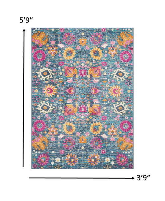 6' Blue And Orange Floral Power Loom Runner Rug