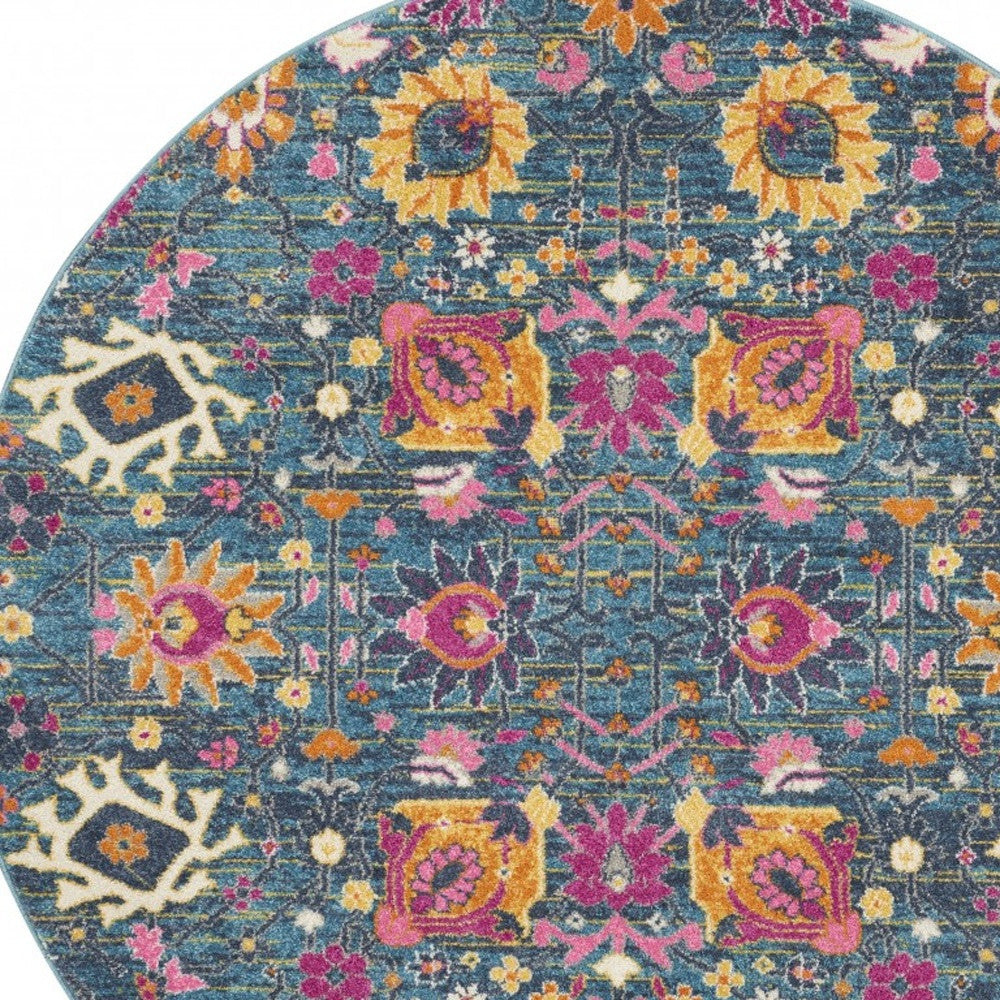 4' Blue And Orange Round Floral Power Loom Area Rug