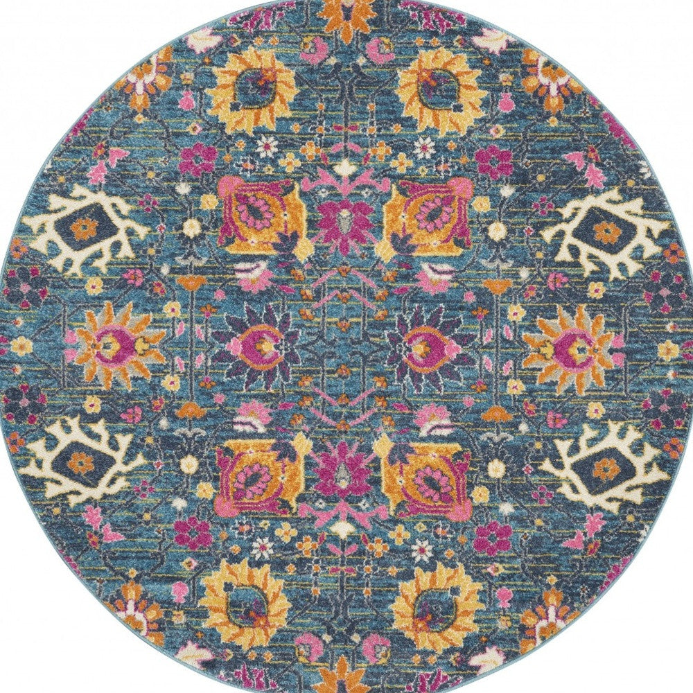 6' Blue And Orange Floral Power Loom Runner Rug