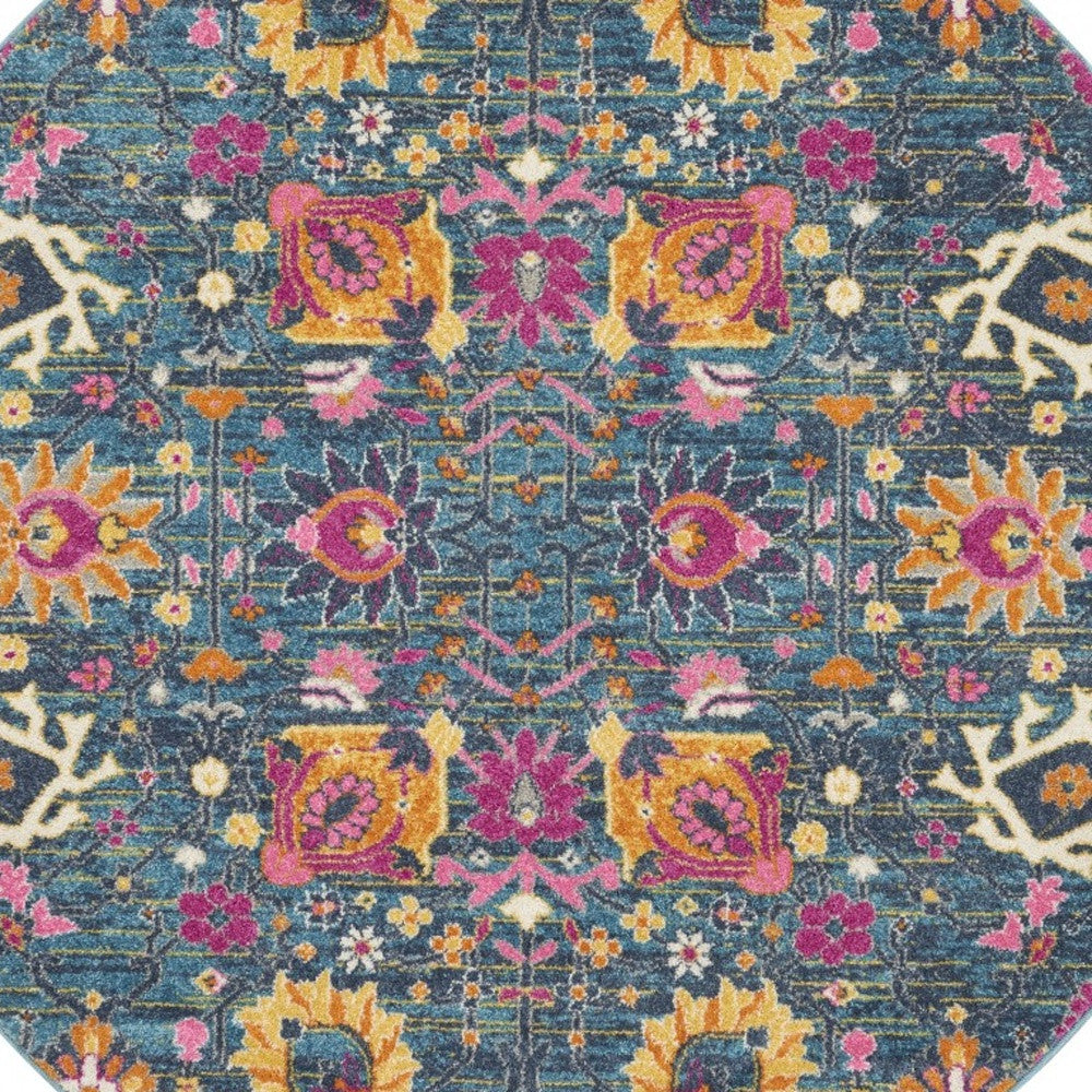 4' Blue And Orange Round Floral Power Loom Area Rug