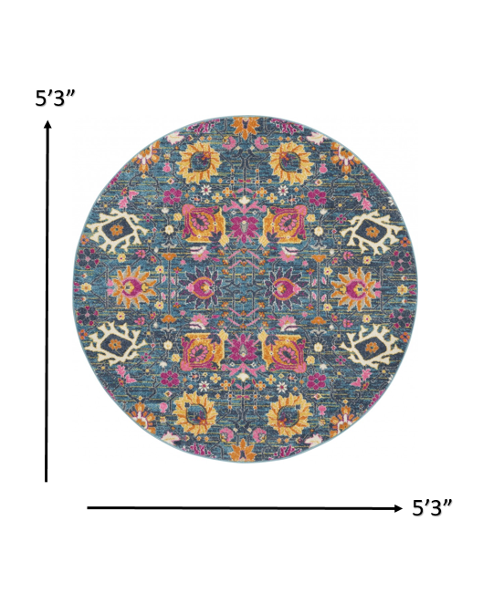 4' Blue And Orange Round Floral Power Loom Area Rug