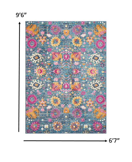 6' Blue And Orange Floral Power Loom Runner Rug