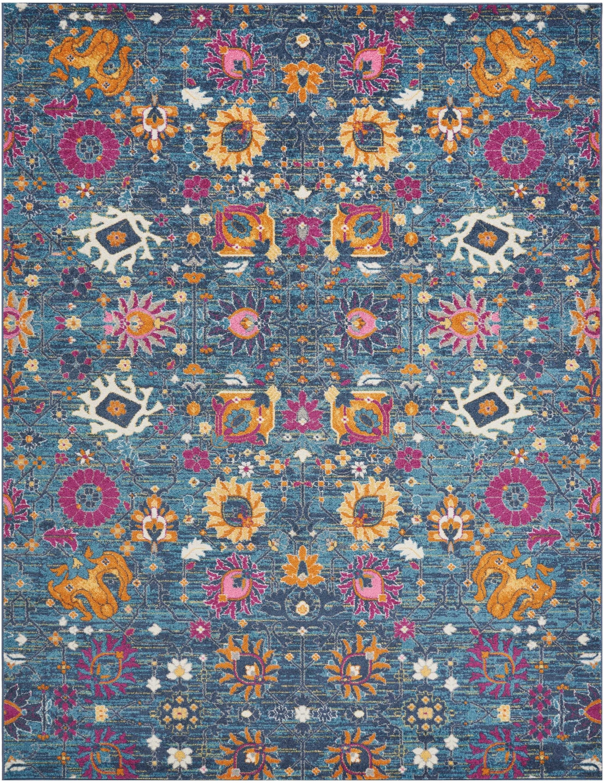 6' Blue And Orange Floral Power Loom Runner Rug