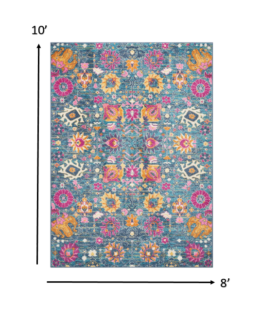 6' Blue And Orange Floral Power Loom Runner Rug