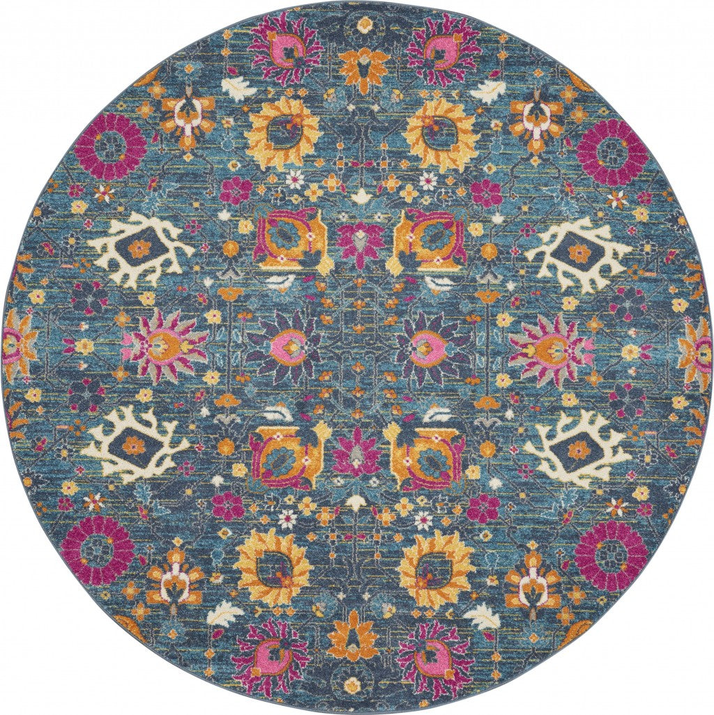 4' Blue And Orange Round Floral Power Loom Area Rug