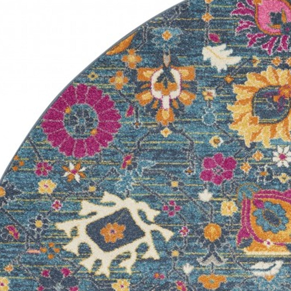 4' Blue And Orange Round Floral Power Loom Area Rug