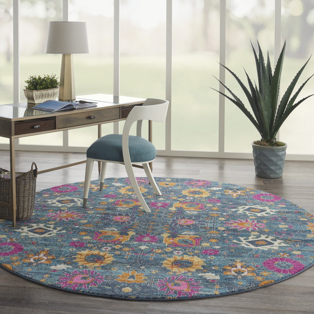 6' Blue And Orange Floral Power Loom Runner Rug