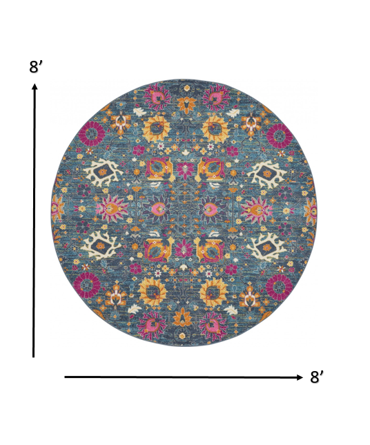 4' Blue And Orange Round Floral Power Loom Area Rug