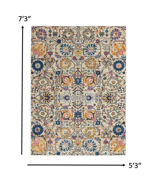 7' X 10' Orange And Ivory Floral Power Loom Area Rug