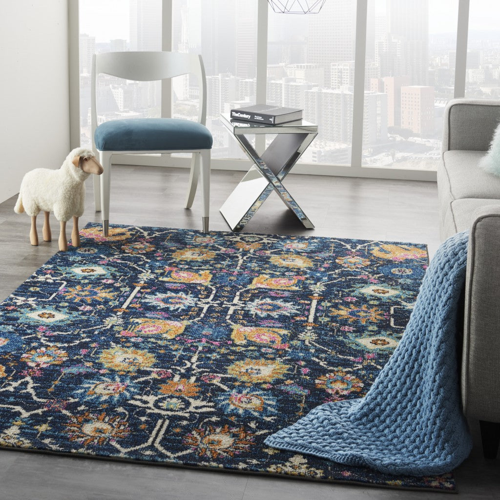 4' X 6' Navy Blue Floral Power Loom Area Rug