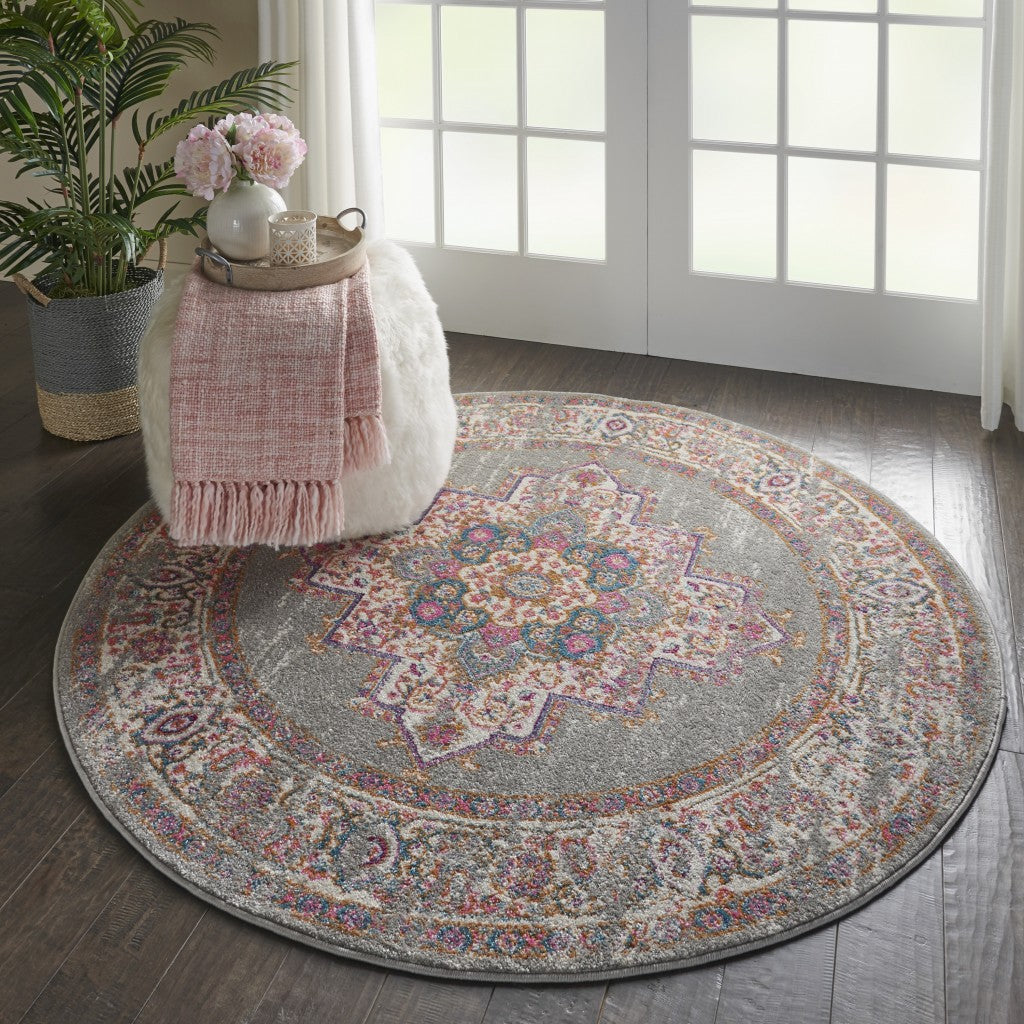 4' Gray Round Power Loom Area Rug